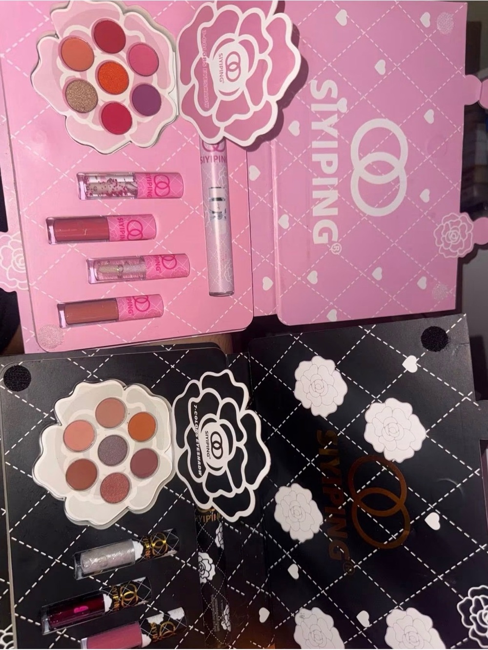 Pink & Black Women Makeup Set – Eyeshadow & Lip Gloss Collection.